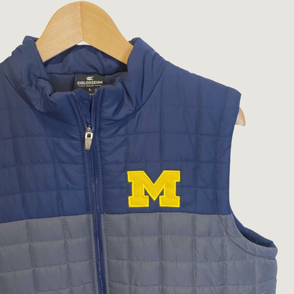 Colosseum Michigan Wolverines Vest Mens L Navy Gray Excellent Puffer Quilted